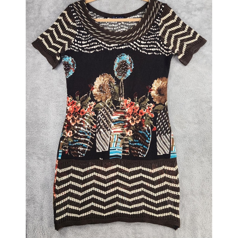 P. Luca Milano Sweater Dress Womens Small Floral Chevron Short Sleeve Mini Knee
